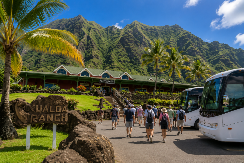 Large affinity group boarding charter transportation on Oahu, coordinated by Aloha Group Travel
