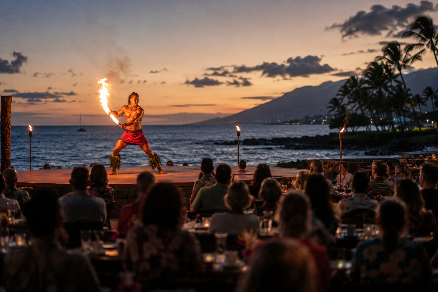 Corporate incentive group at a private luau buyout on the Big Island, coordinated by Aloha Group Travel